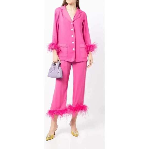 Sleeper Other - Sleeper Party Cropped Feather Trim Pajama Shirt